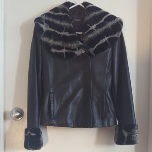 Danier Black Leather Jacket with Faux Fur Accents